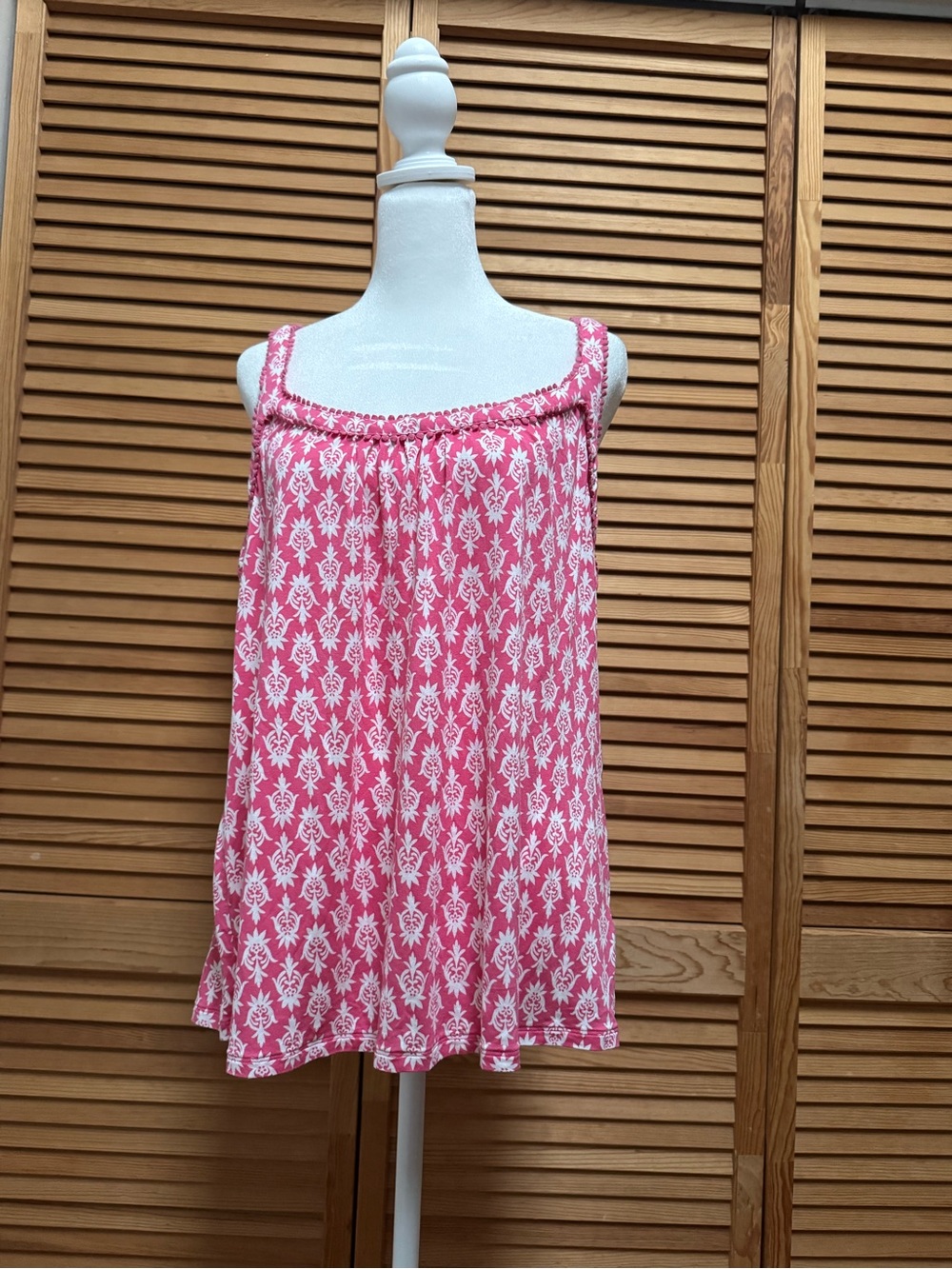 Boden Pink & White Damask Printed Tank Top Pom Pom Trim Sz 14 Cottagecore Boho